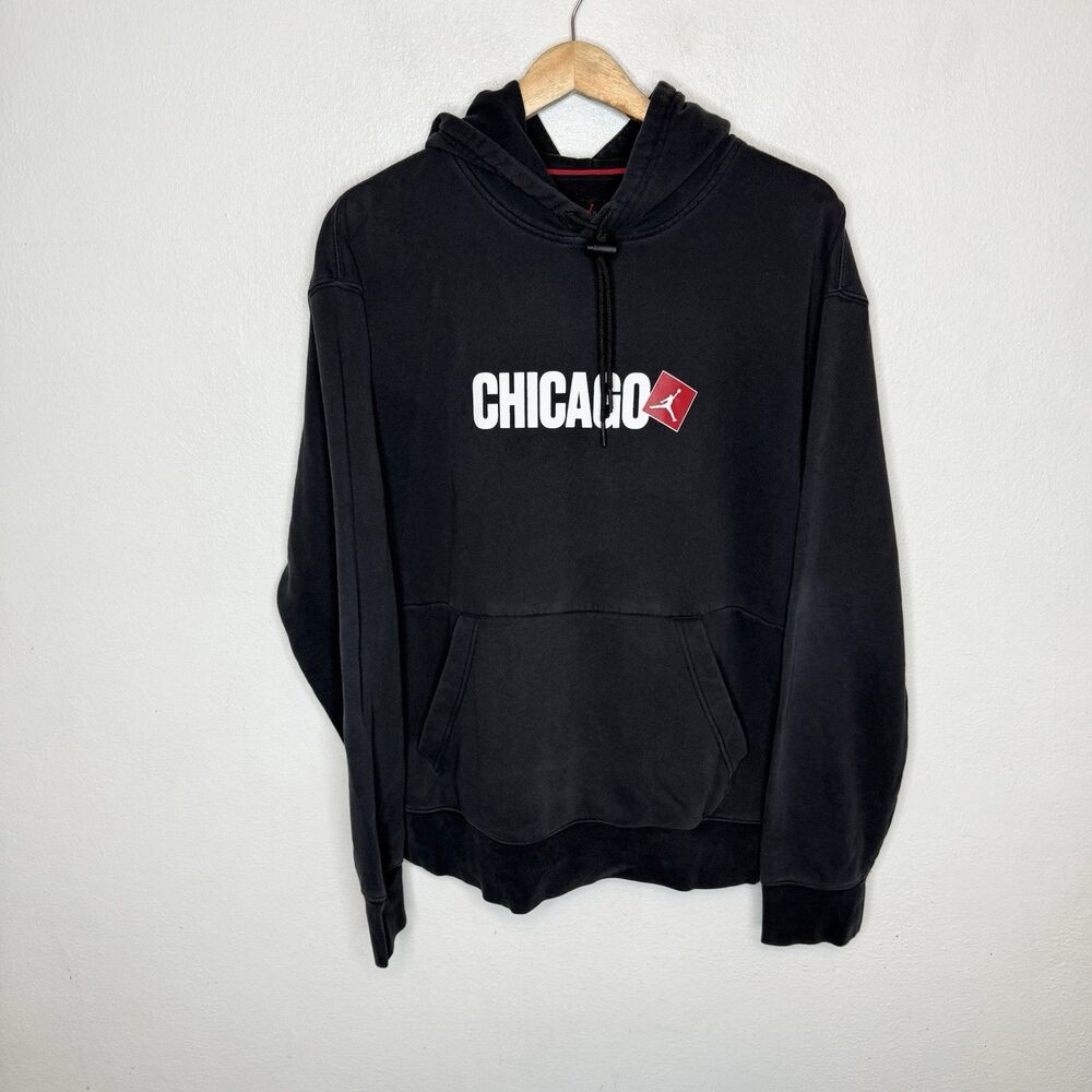 Nike Air Jordan Chicago City Hoodie Black Sweatshirt Pocket Mens Small